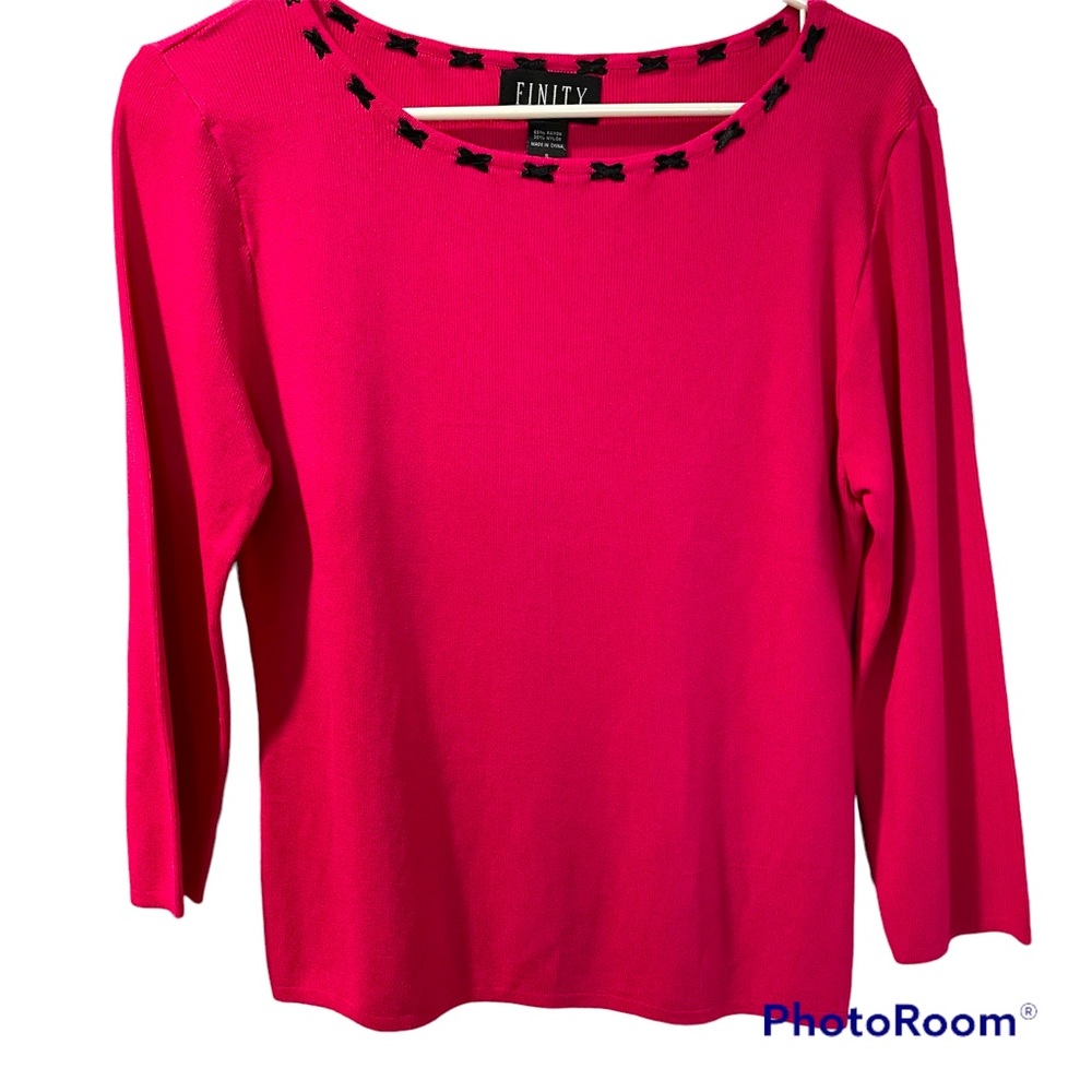 Finite Women’s Long Sleeve Top Like New Pink Small Black Design Around Neckline